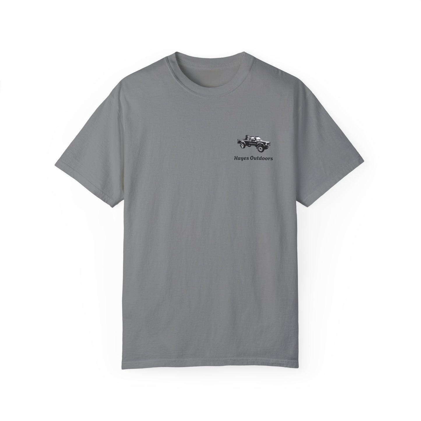 Hayes Outdoors Unisex Garment-Dyed T-Shirt Front and Back - Toyota Pickup Inspired Design