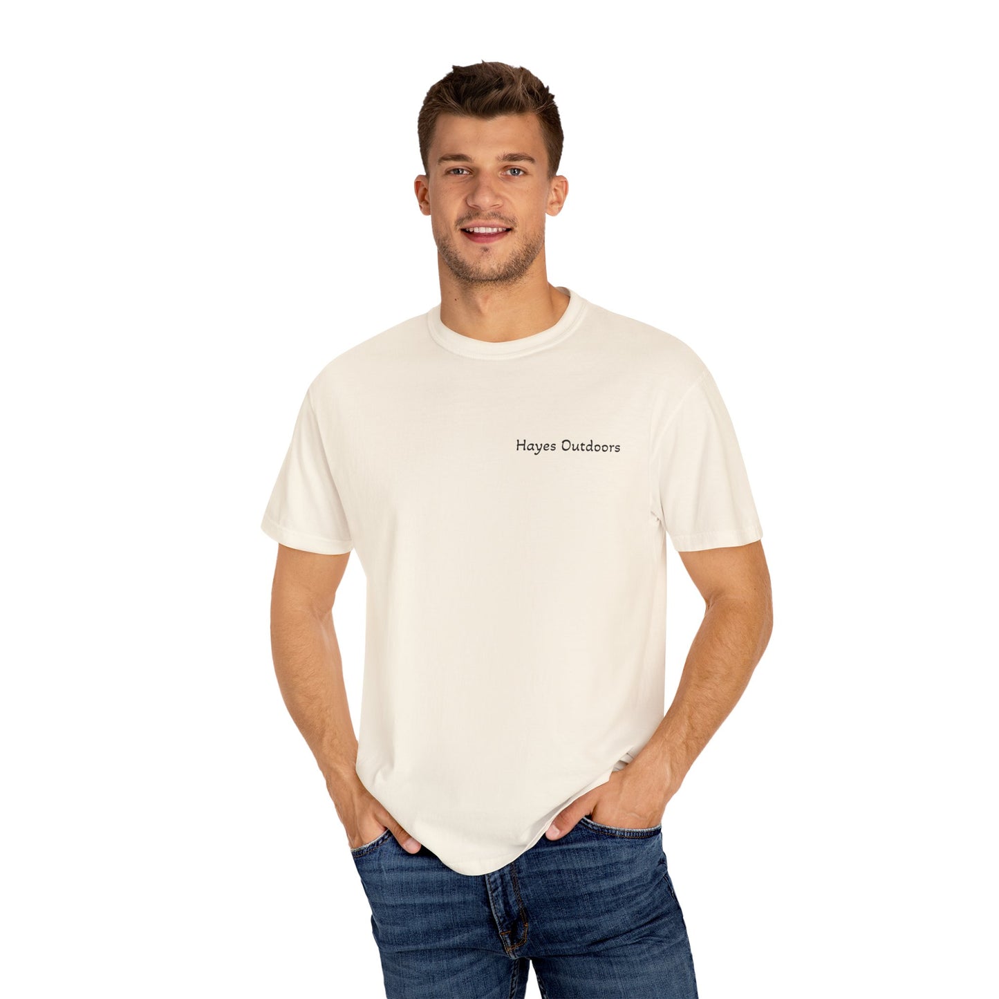 Hayes Outdoors Unisex Garment-Dyed T-Shirt Front and Back - Old Ford & Adventure Inspired Design