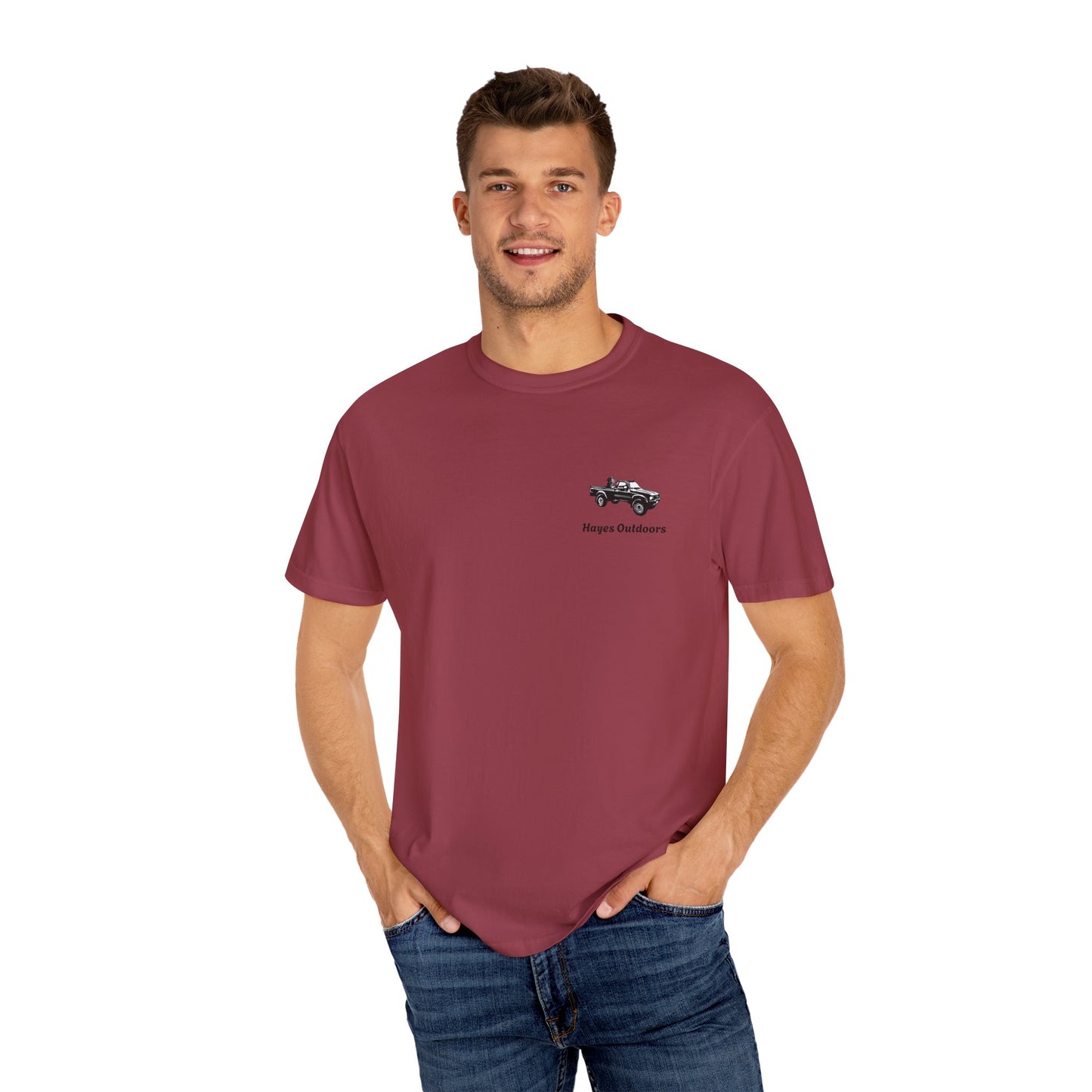 Hayes Outdoors Unisex Garment-Dyed T-Shirt Front and Back - Toyota Pickup Inspired Design