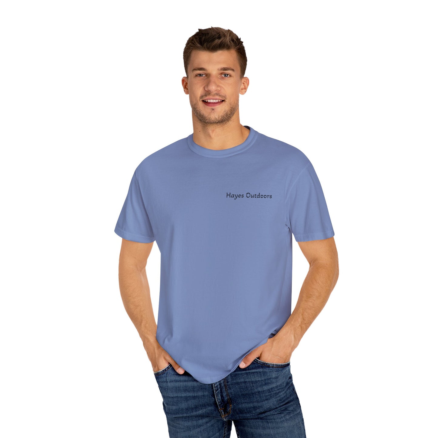 Hayes Outdoors Unisex Garment-Dyed T-Shirt Front and Back - Old Ford & Adventure Inspired Design