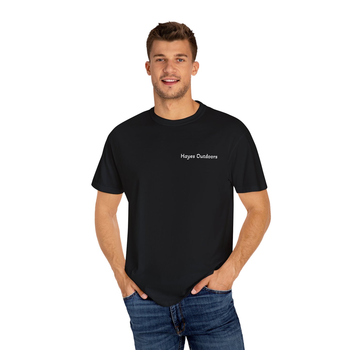 Hayes Outdoors Unisex Garment-Dyed T-Shirt Front and Back - Old Ford & Adventure Inspired Design