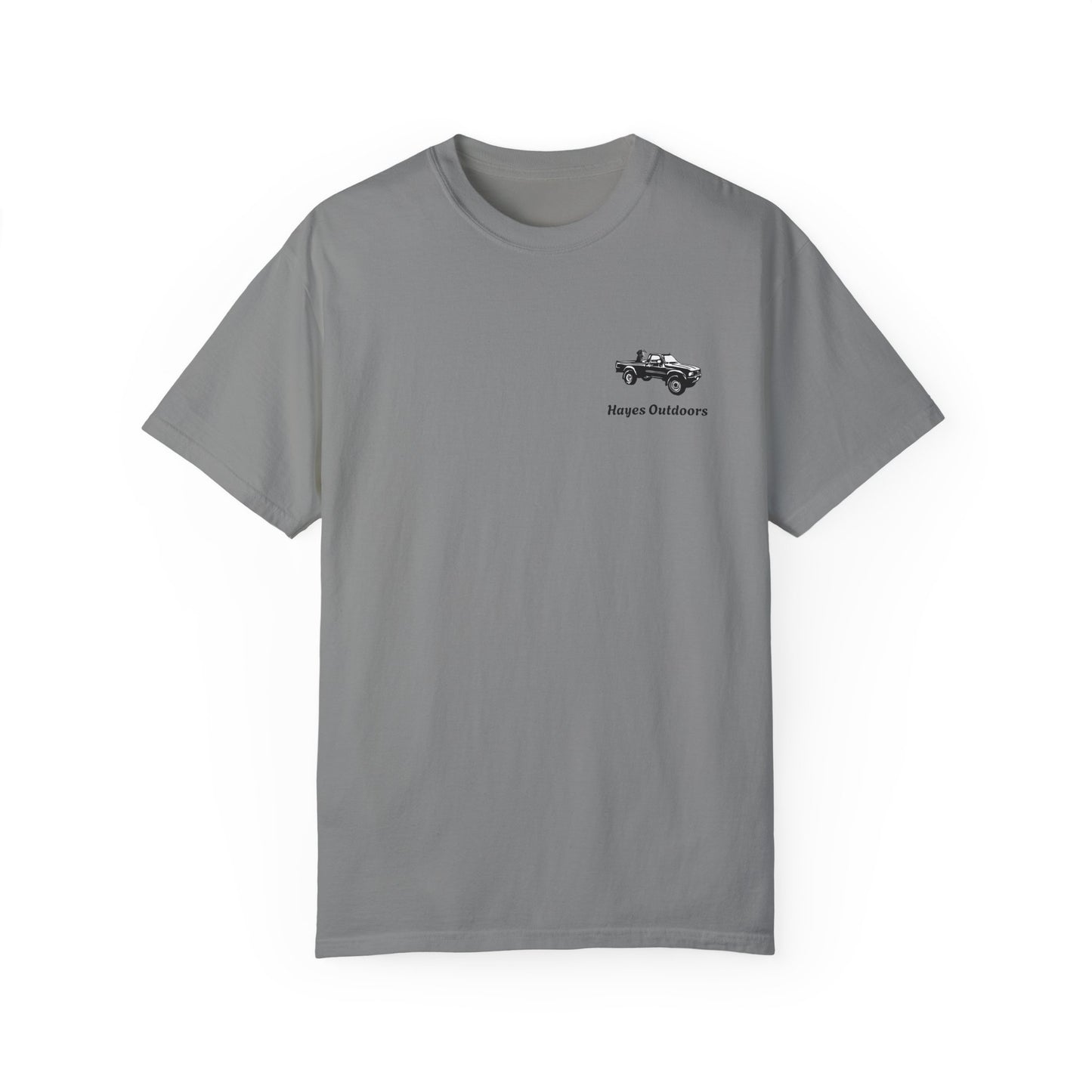 Hayes Outdoors Unisex Garment-Dyed T-Shirt Front and Back - Toyota Pickup Inspired Design