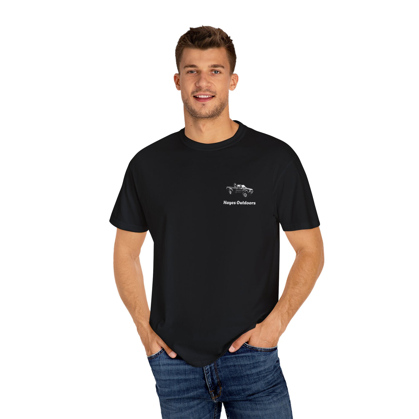 Hayes Outdoors Unisex Garment-Dyed T-Shirt Front and Back - Toyota Pickup Inspired Design