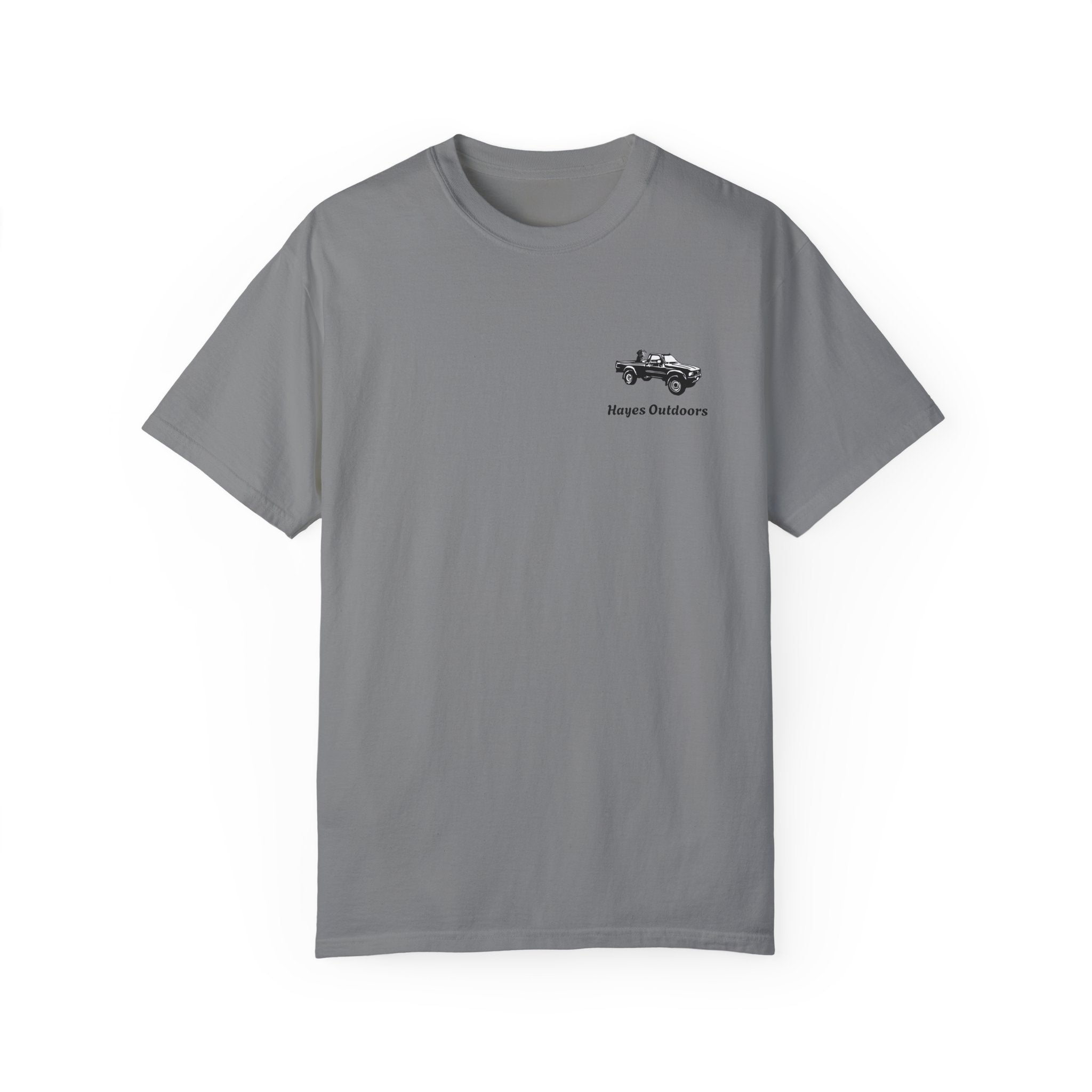 Hayes Outdoors Unisex Garment-Dyed T-Shirt Front and Back - Toyota Pickup Inspired Design