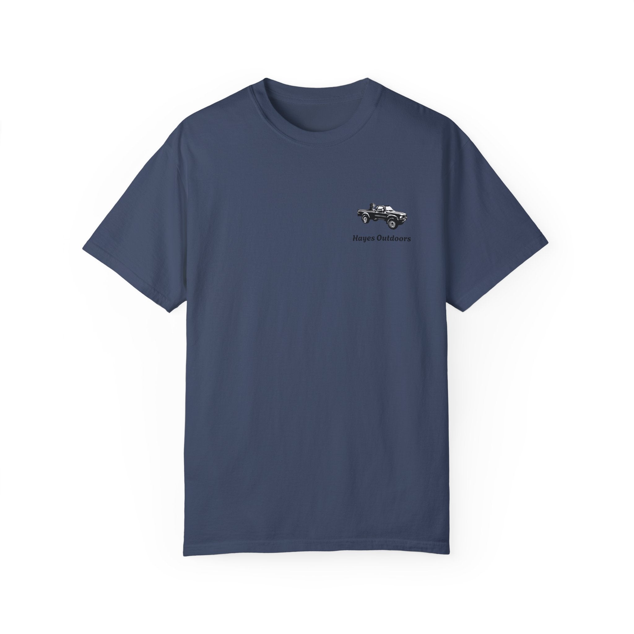 Hayes Outdoors Unisex Garment-Dyed T-Shirt Front and Back - Toyota Pickup Inspired Design