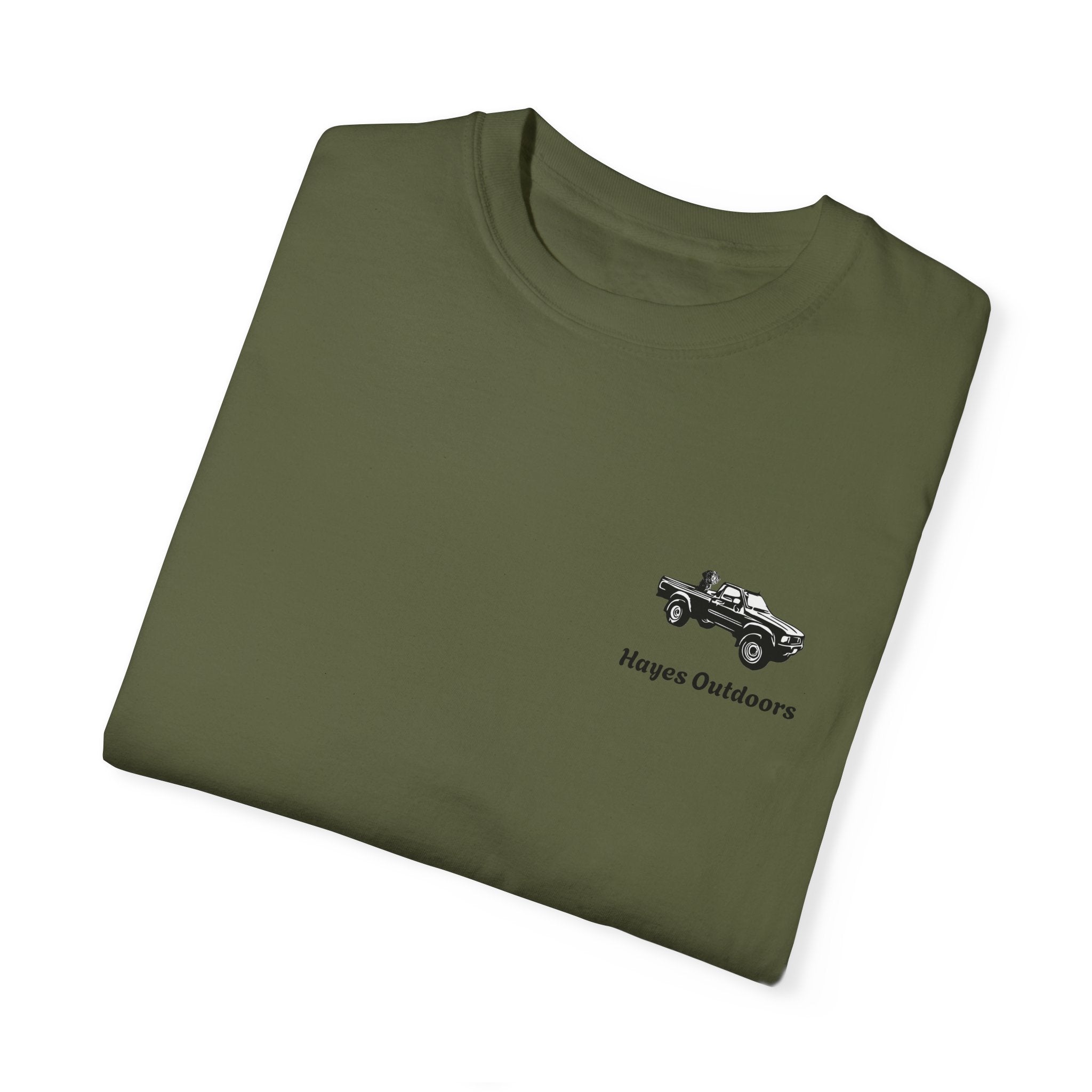 Hayes Outdoors Unisex Garment-Dyed T-Shirt Front and Back - Toyota Pickup Inspired Design