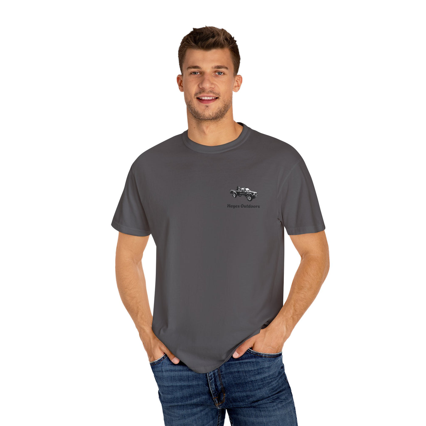 Hayes Outdoors Unisex Garment-Dyed T-Shirt Front and Back - Toyota Pickup Inspired Design