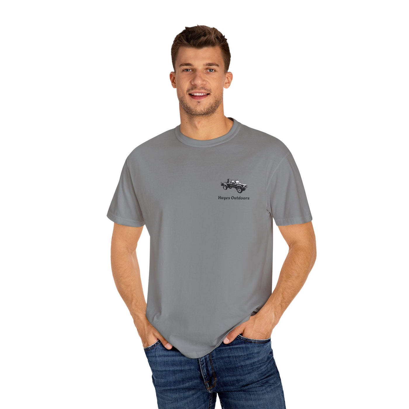 Hayes Outdoors Unisex Garment-Dyed T-Shirt Front and Back - Toyota Pickup Inspired Design