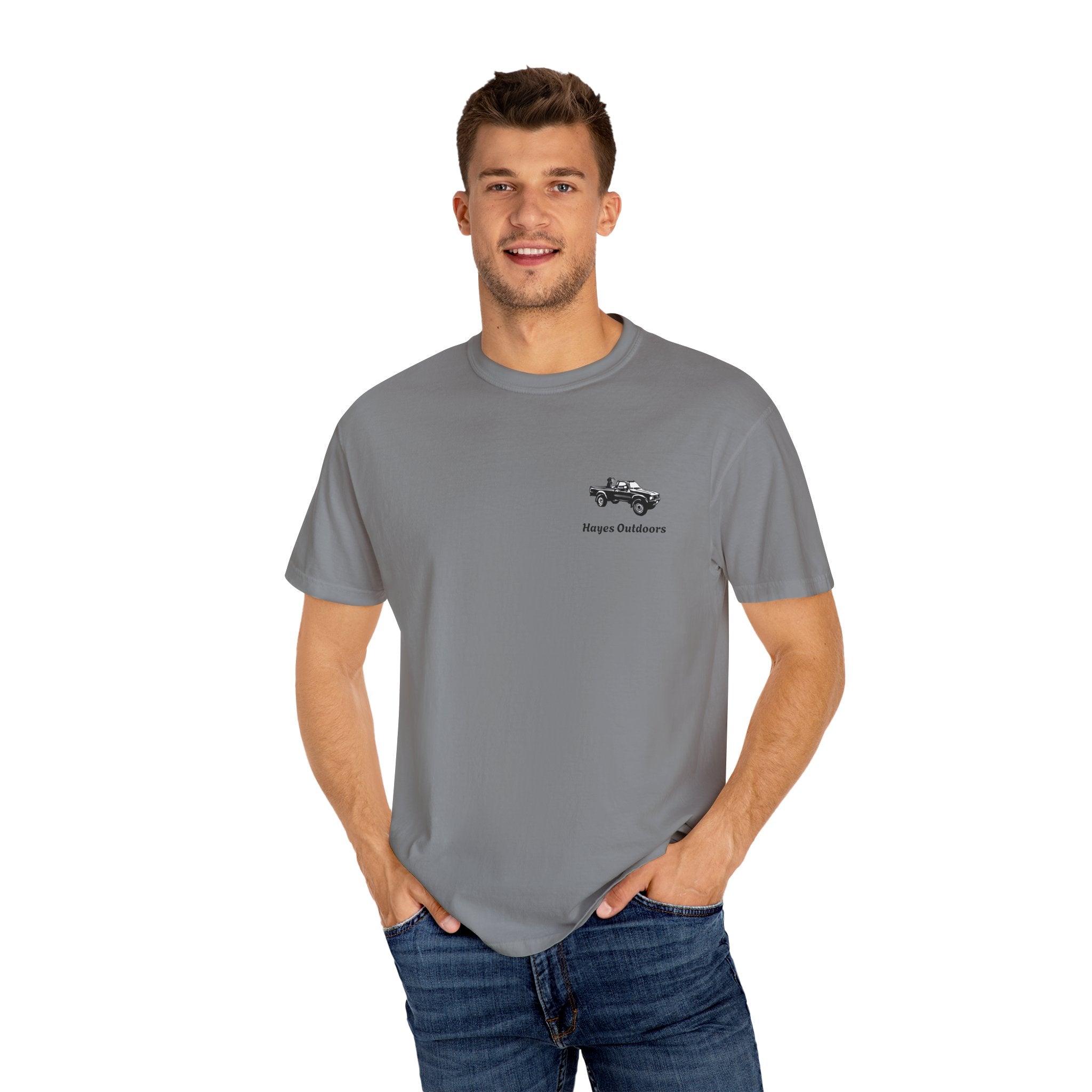 Hayes Outdoors Unisex Garment-Dyed T-Shirt Front and Back - Toyota Pickup Inspired Design