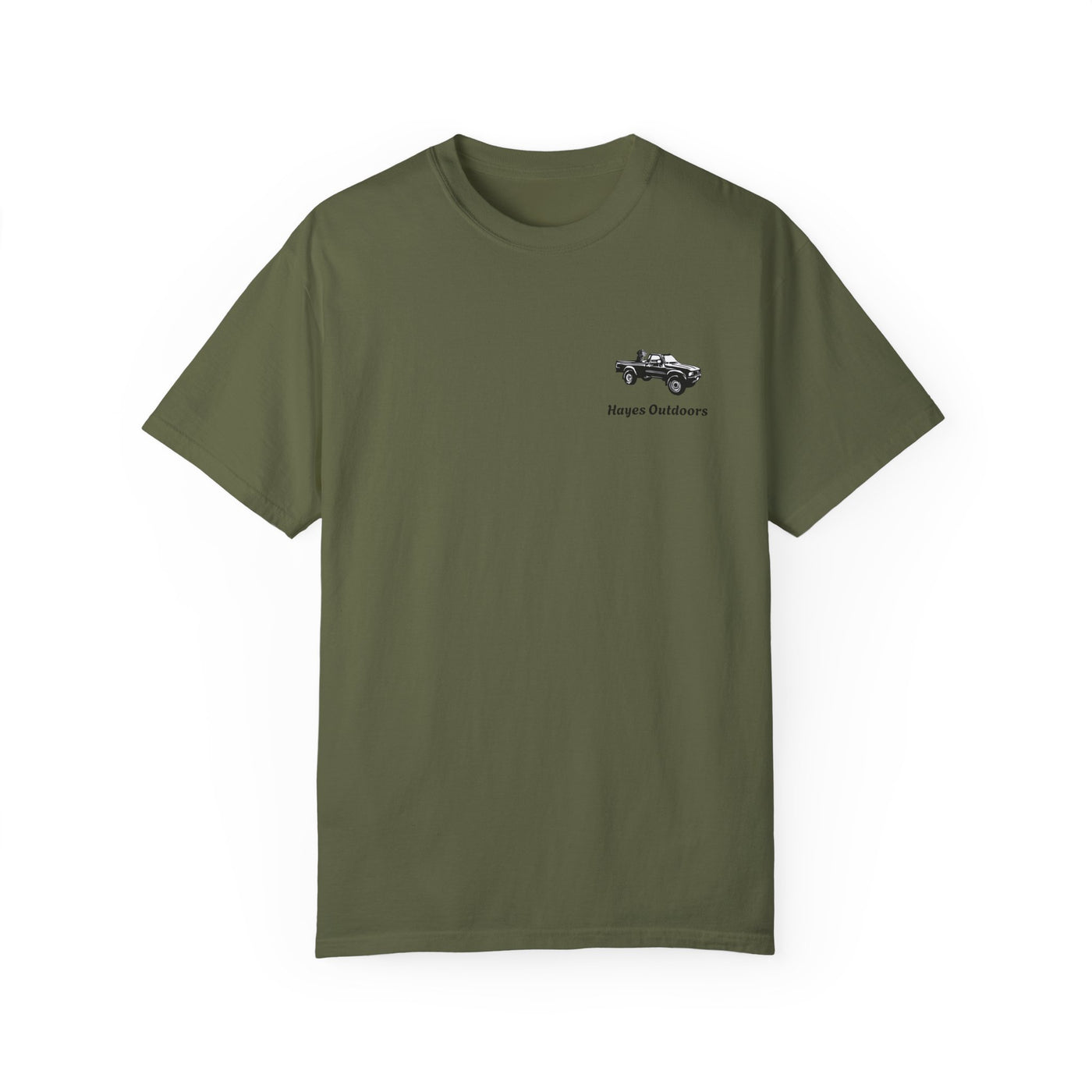 Hayes Outdoors Unisex Garment-Dyed T-Shirt Front and Back - Toyota Pickup Inspired Design