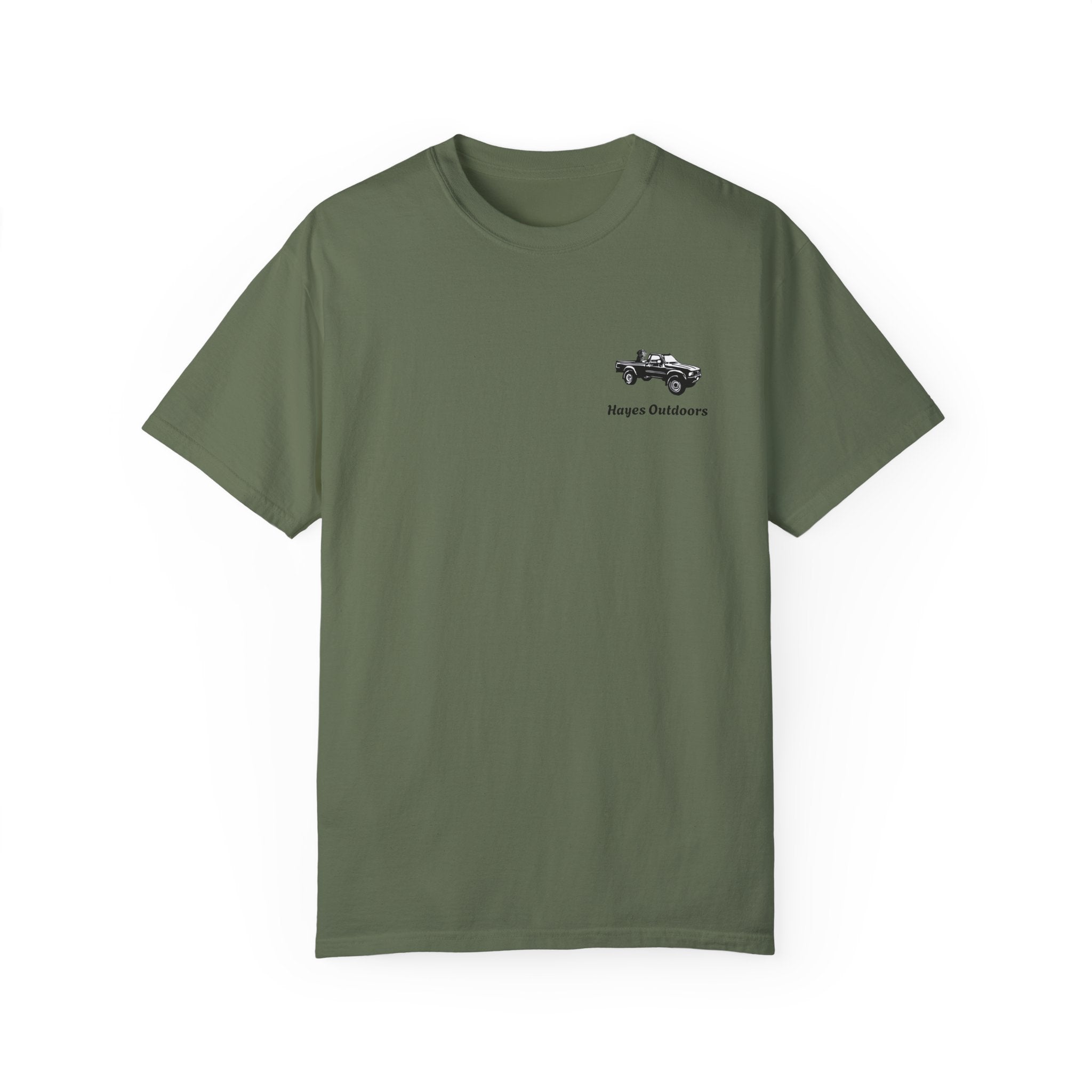 Hayes Outdoors Unisex Garment-Dyed T-Shirt Front and Back - Toyota Pickup Inspired Design