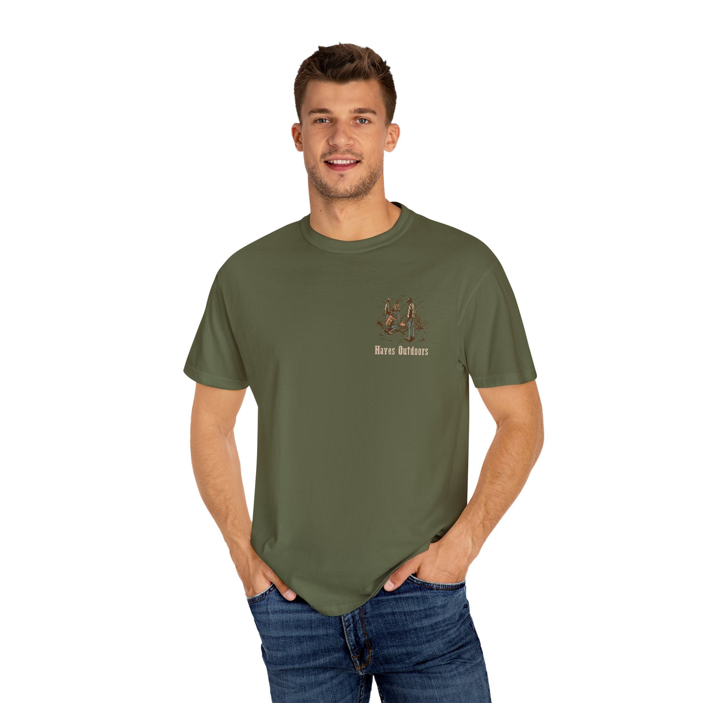 Heritage Outdoors Unisex Garment-Dyed T-Shirt Front and Back - Nature & Adventure Inspired Design