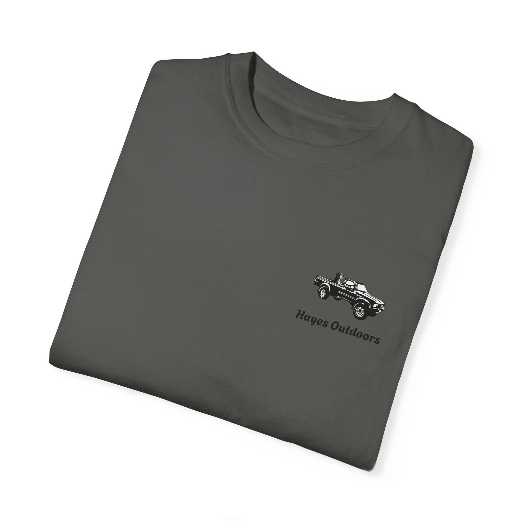 Hayes Outdoors Unisex Garment-Dyed T-Shirt Front and Back - Toyota Pickup Inspired Design