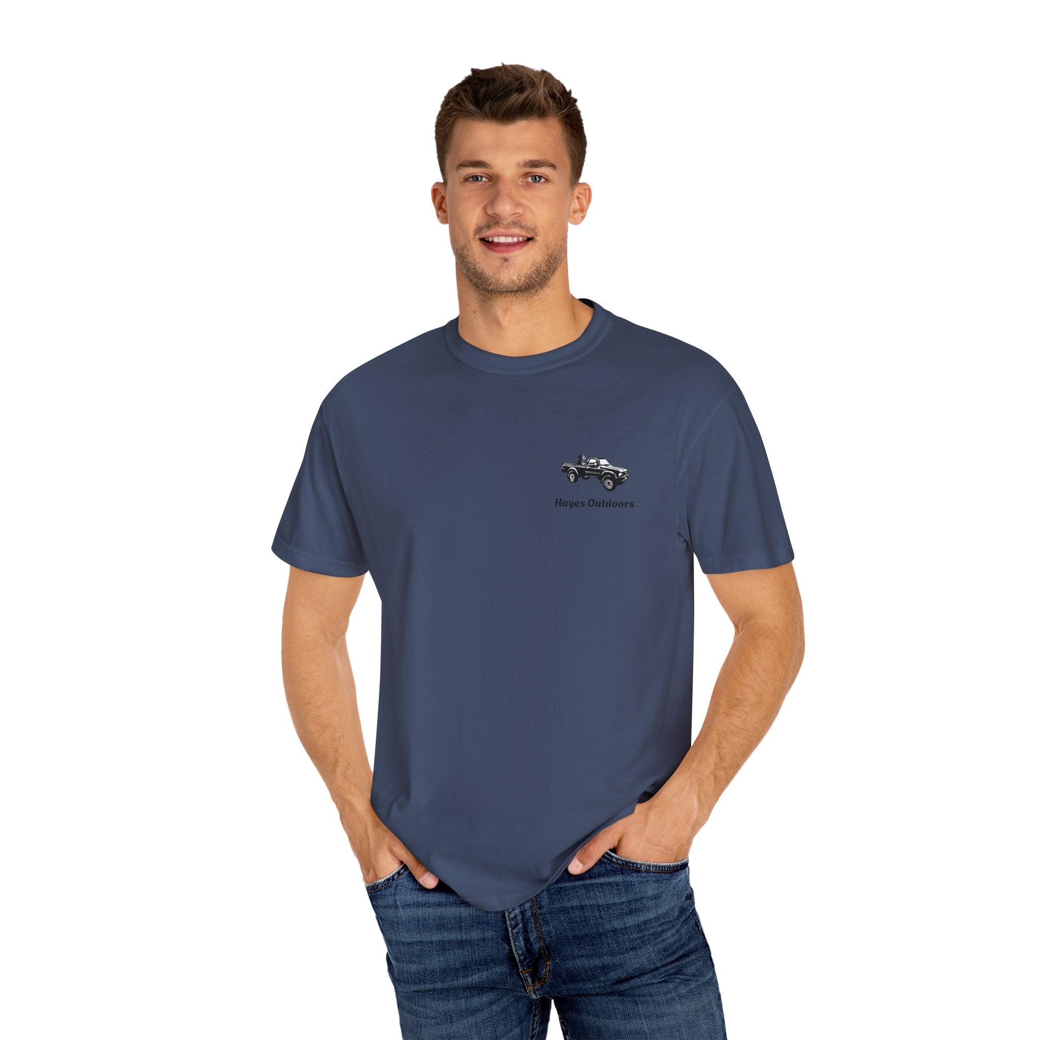 Hayes Outdoors Unisex Garment-Dyed T-Shirt Front and Back - Toyota Pickup Inspired Design