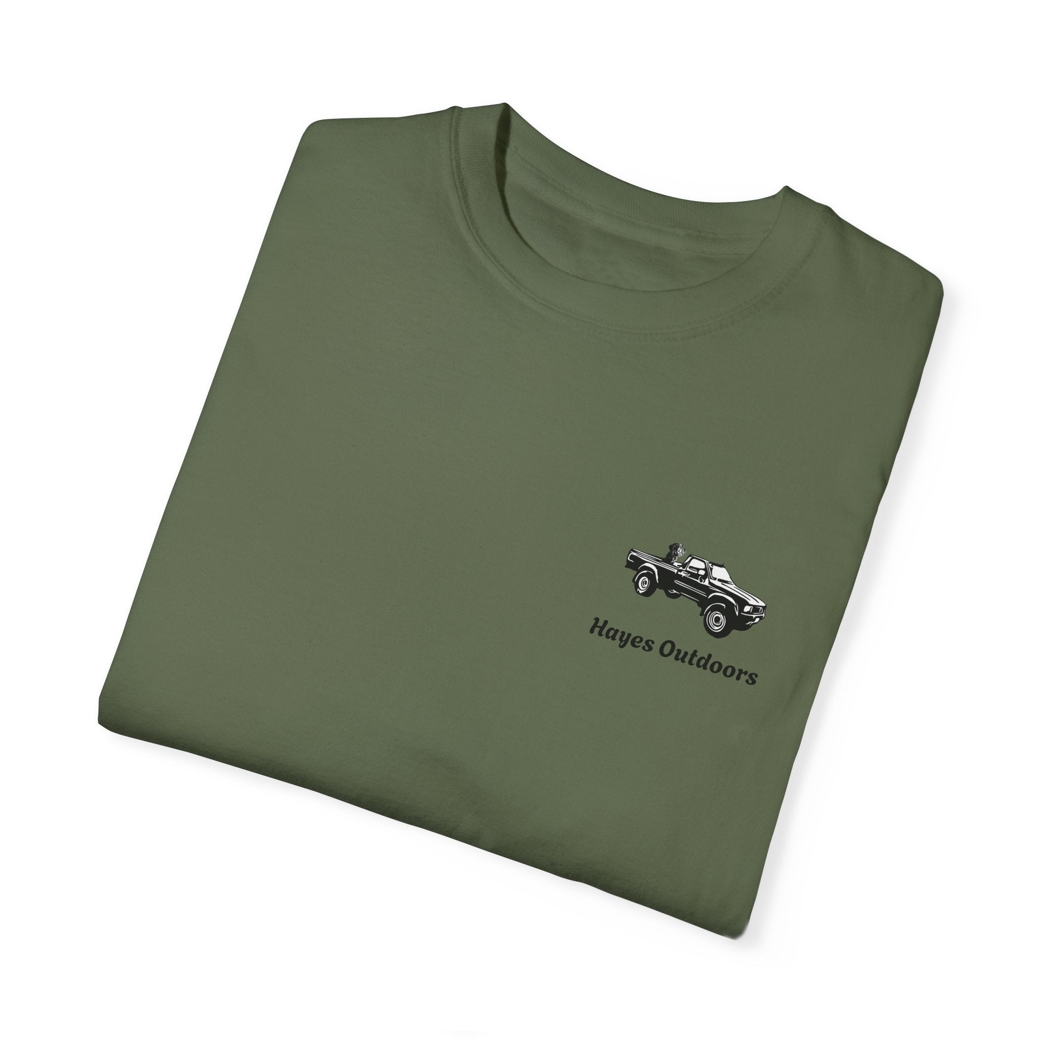 Hayes Outdoors Unisex Garment-Dyed T-Shirt Front and Back - Toyota Pickup Inspired Design