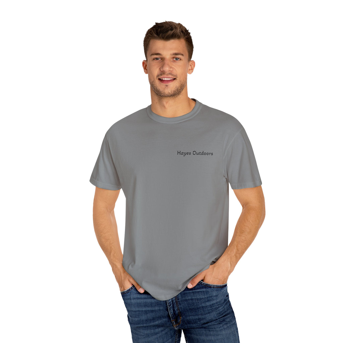 Hayes Outdoors Unisex Garment-Dyed T-Shirt Front and Back - Old Ford & Adventure Inspired Design
