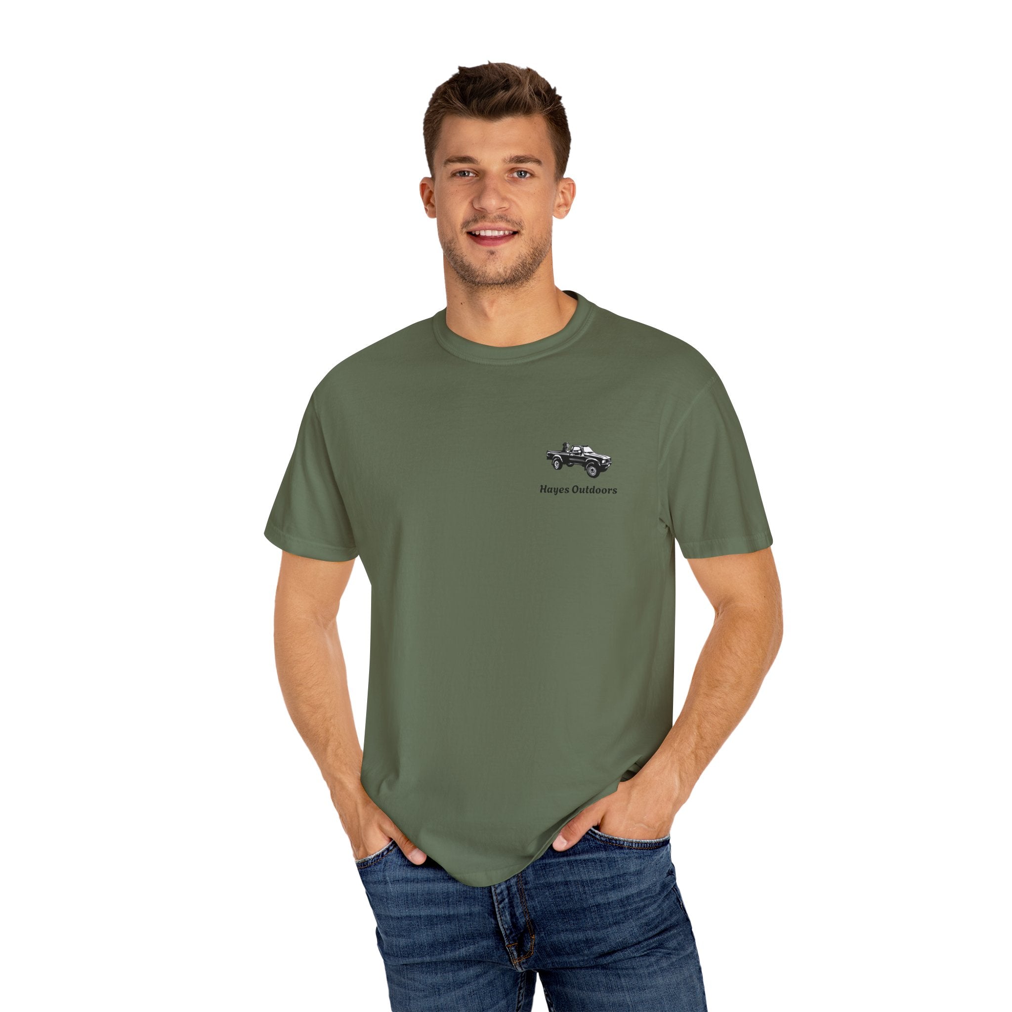 Hayes Outdoors Unisex Garment-Dyed T-Shirt Front and Back - Toyota Pickup Inspired Design