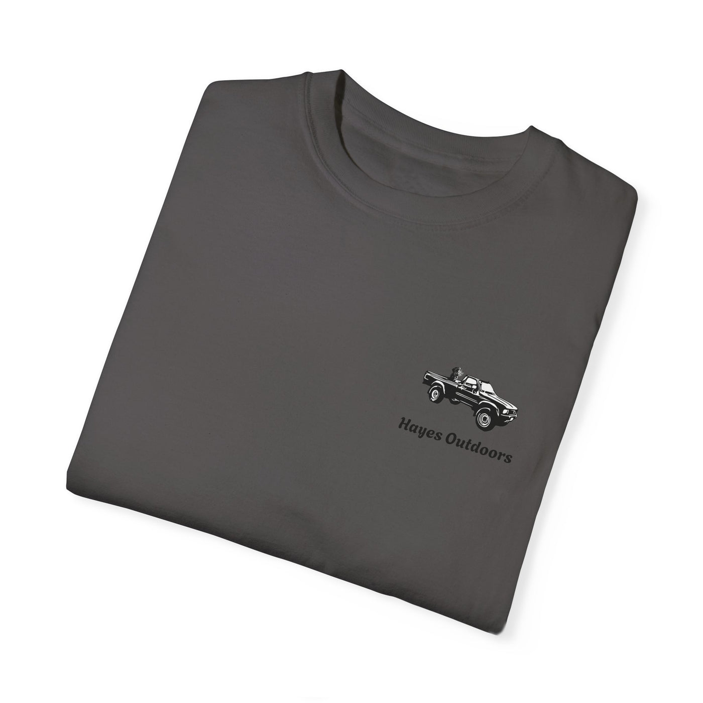 Hayes Outdoors Unisex Garment-Dyed T-Shirt Front and Back - Toyota Pickup Inspired Design