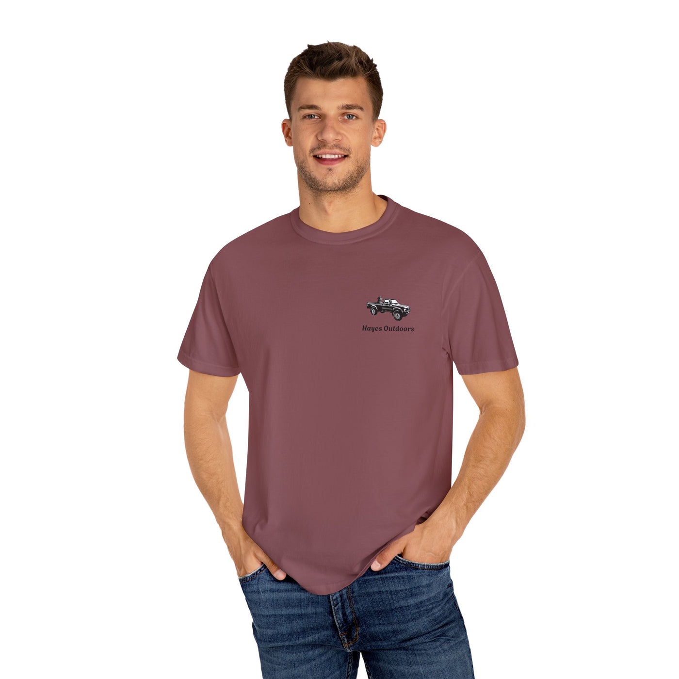 Hayes Outdoors Unisex Garment-Dyed T-Shirt Front and Back - Toyota Pickup Inspired Design