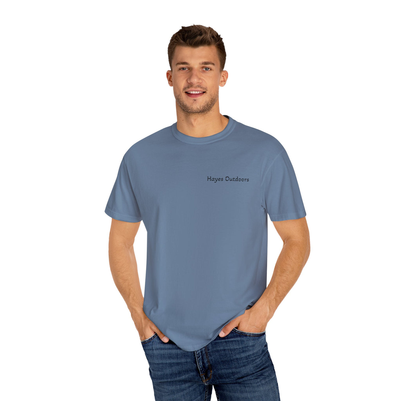 Hayes Outdoors Unisex Garment-Dyed T-Shirt Front and Back - Old Ford & Adventure Inspired Design