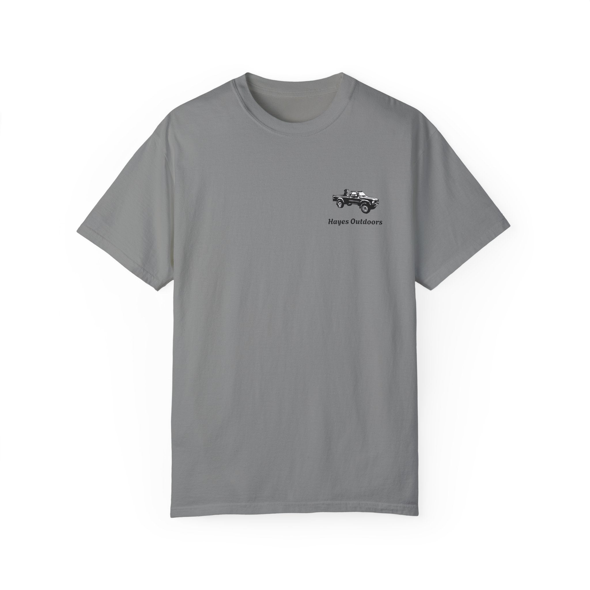 Hayes Outdoors Unisex Garment-Dyed T-Shirt Front and Back - Toyota Pickup Inspired Design