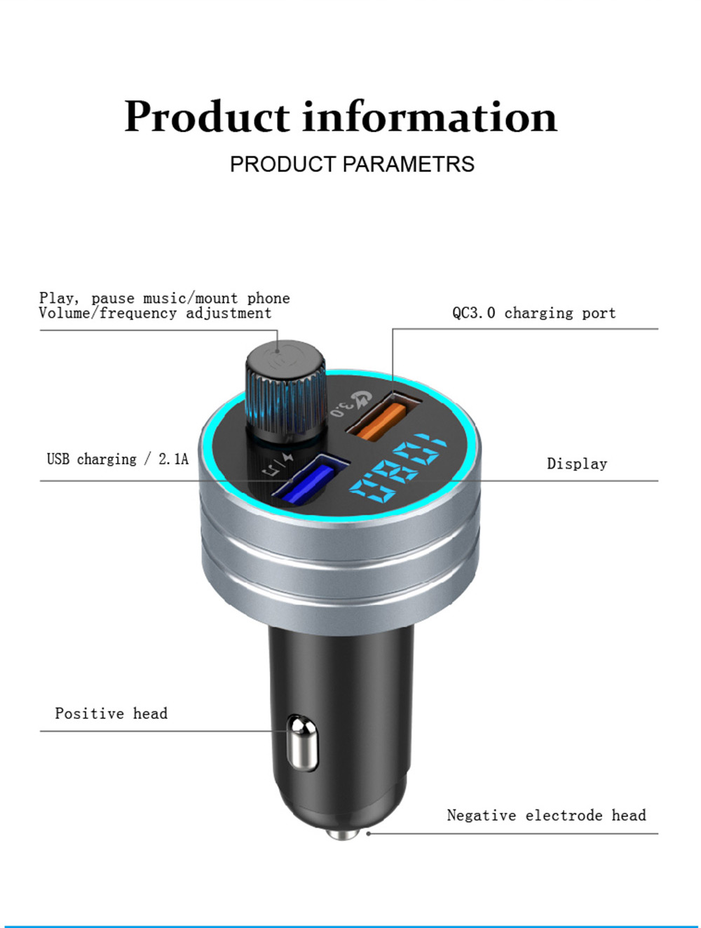 QC 3.0 Dual USB Fast Car Charger with Bluetooth  Mp3 Player